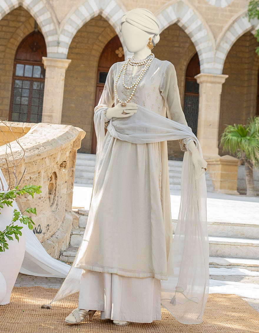 Beige Cotton Net 3 Piece Stitched Dress | Jjpw-S-Jps-24-3925