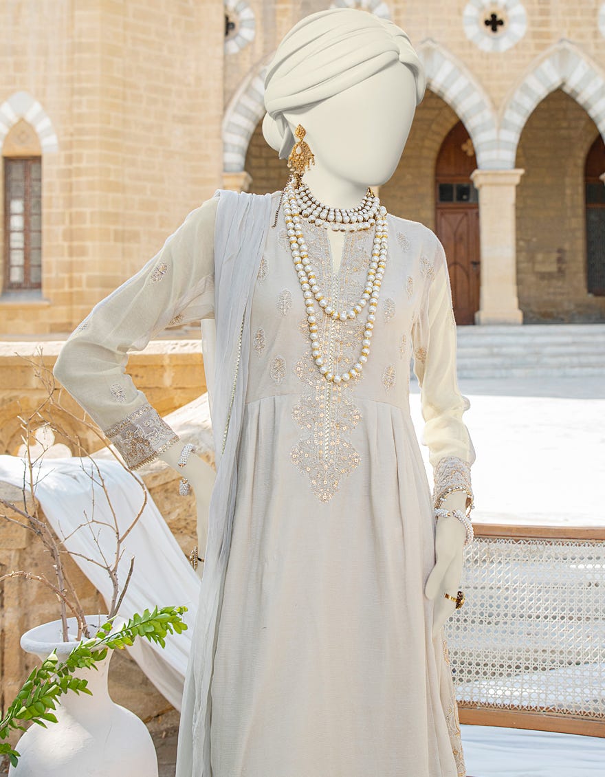Beige Cotton Net 3 Piece Stitched Dress | Jjpw-S-Jps-24-3925
