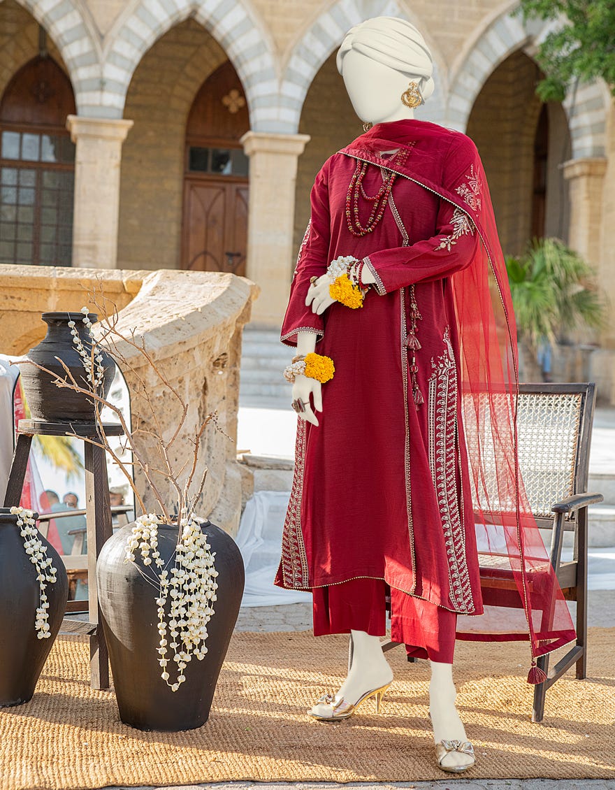 Maroon Paper Cotton 3 Piece Stitched Dress | Jjpw-S-Jps-24-3926