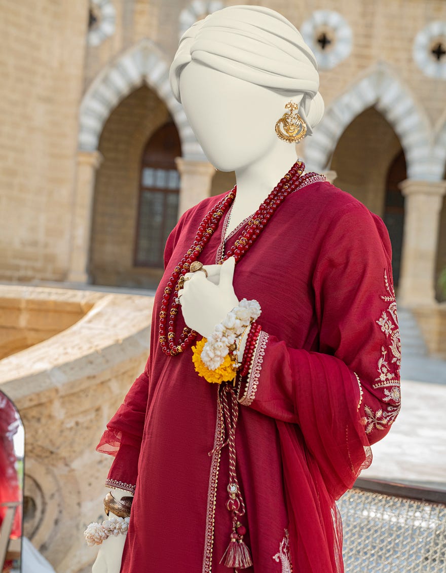 Maroon Paper Cotton 3 Piece Stitched Dress | Jjpw-S-Jps-24-3926