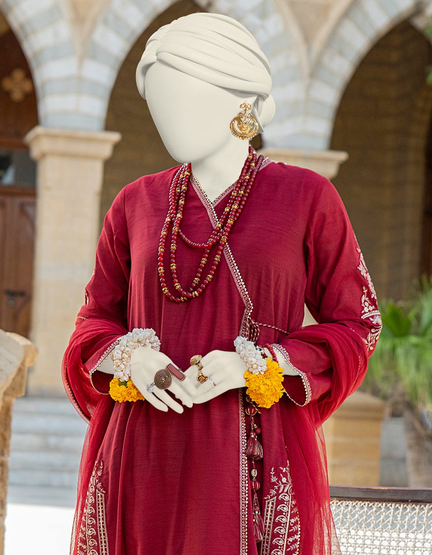 Maroon Paper Cotton 3 Piece Stitched Dress | Jjpw-S-Jps-24-3926