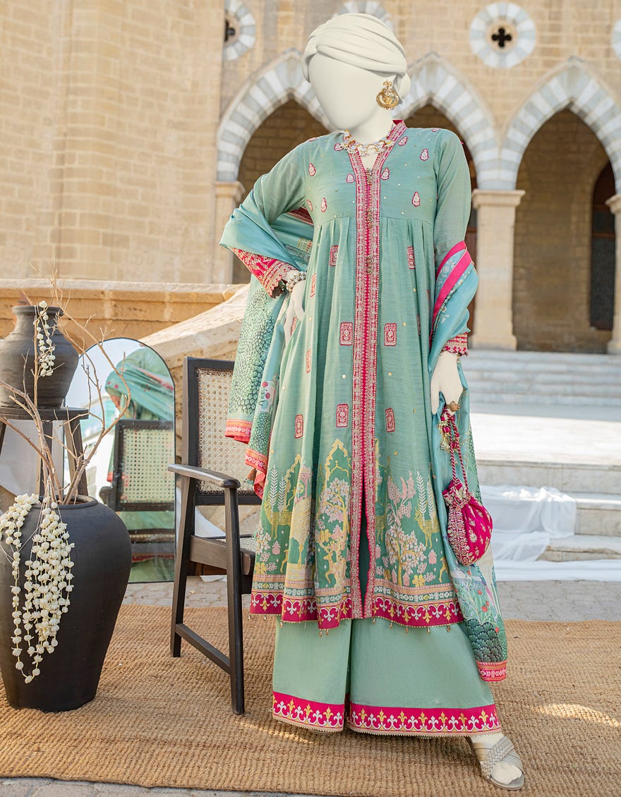 Green Khaddi Silk 3 Piece Stitched Dress | Jjpw-S-Jps-24-3928