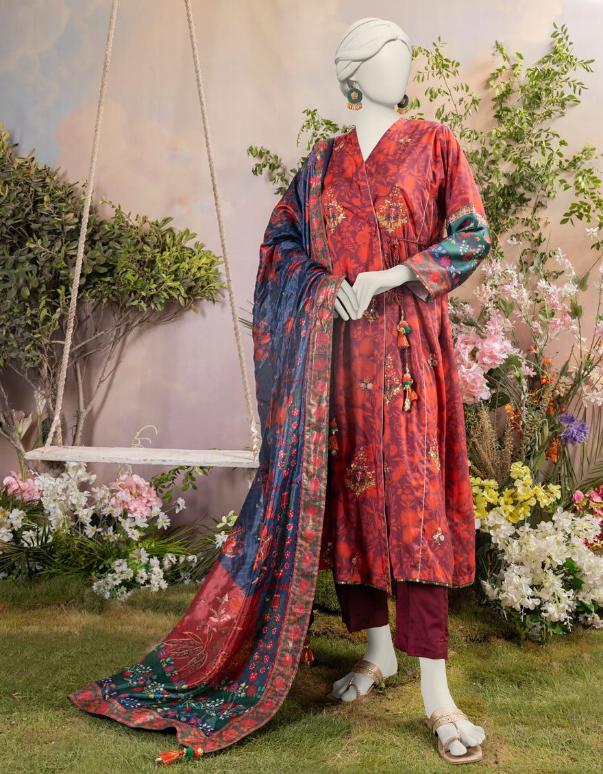 Maroon Silk 3 Piece Embroidered Stitched | Jjpw-S-Jps-24-3935