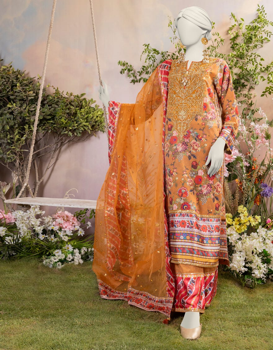 Mustard Silk 3 Piece Embroidered Stitched | Jjpw-S-Jps-24-3937