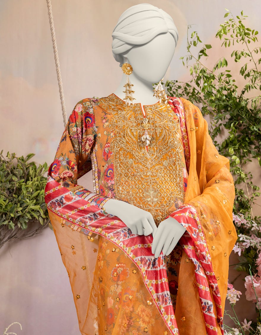 Mustard Silk 3 Piece Embroidered Stitched | Jjpw-S-Jps-24-3937