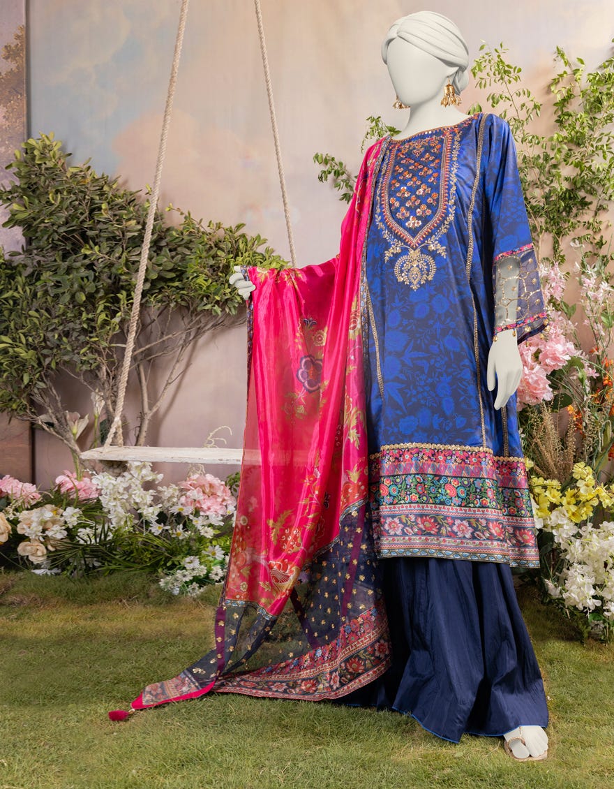 Blue Silk 3 Piece Embroidered Stitched | Jjpw-S-Jps-24-3938