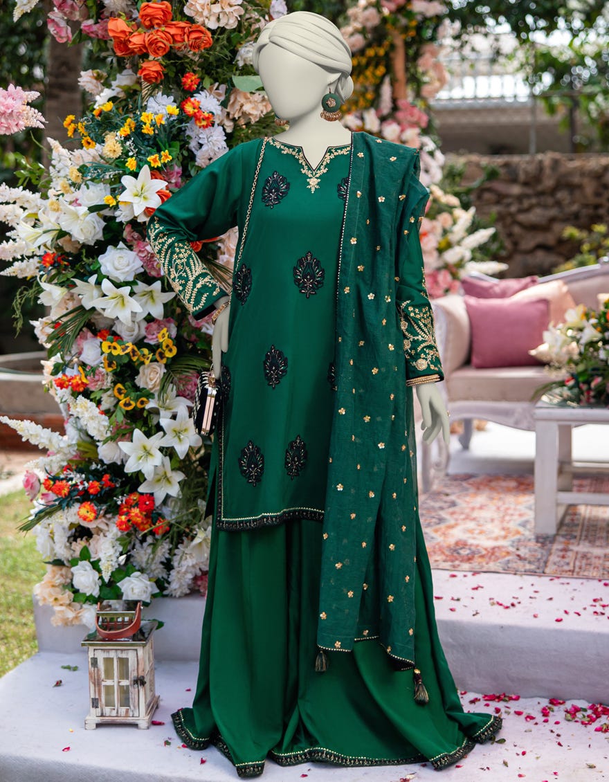 GREEN KHADDI SILK EMBROIDERED 3PC STITCHED