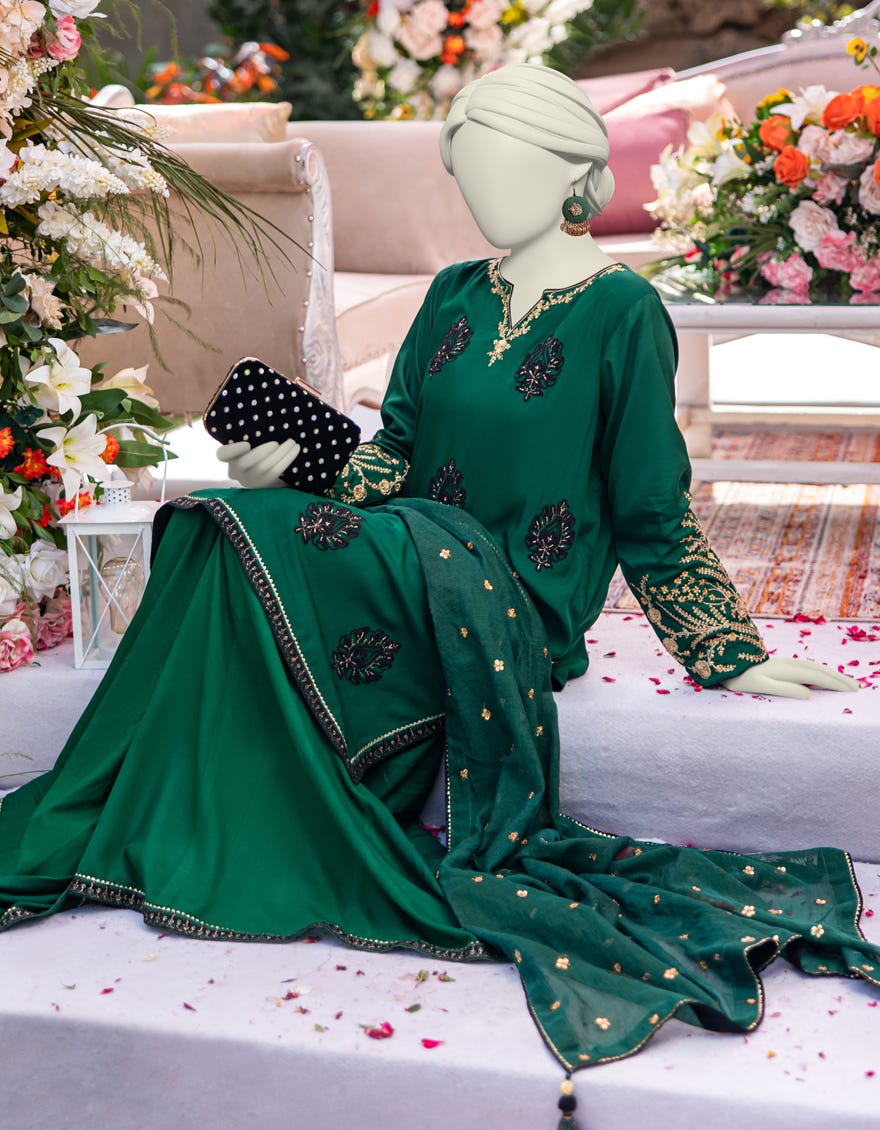 GREEN KHADDI SILK EMBROIDERED 3PC STITCHED