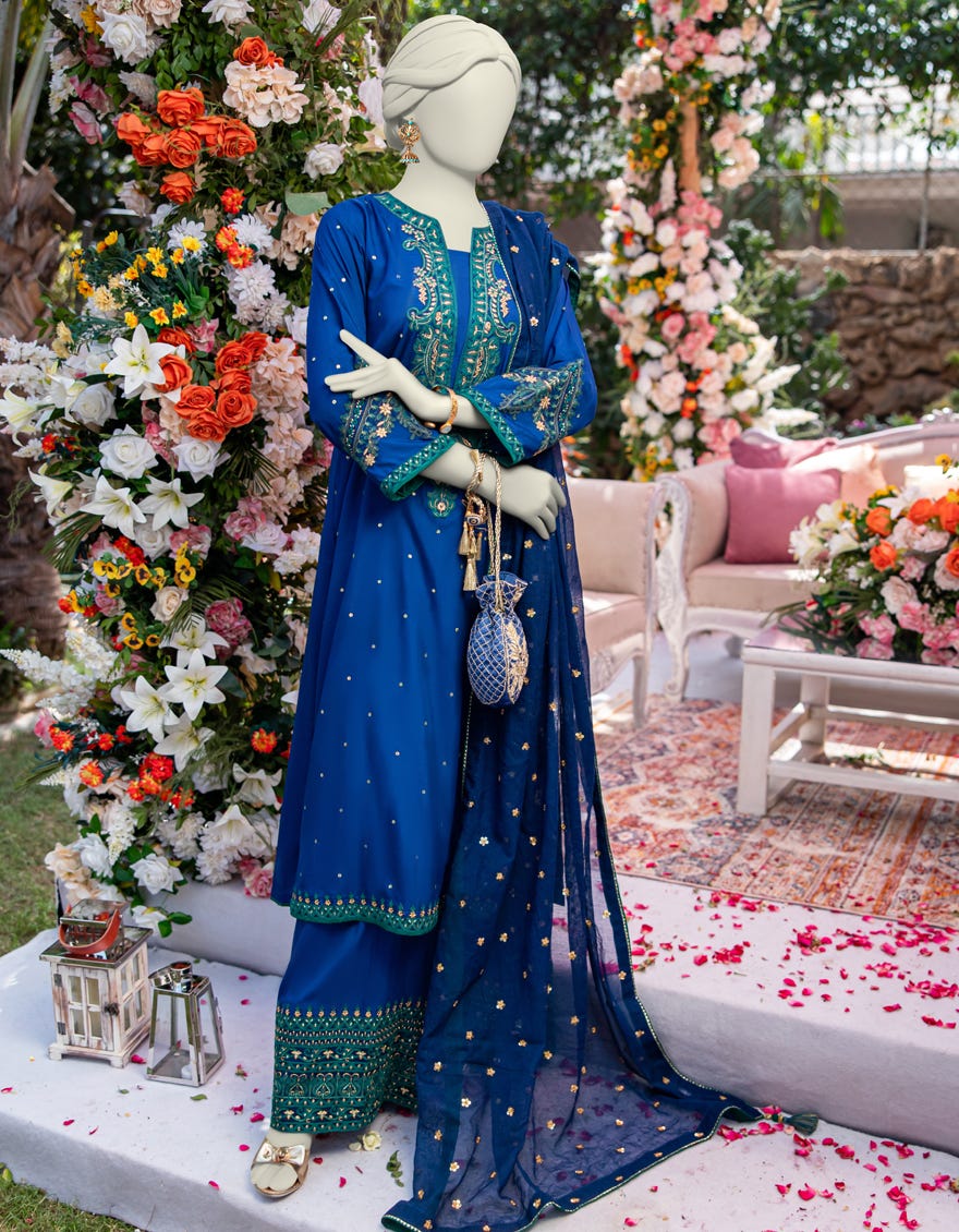 BLUE KHADDI EMBROIDERED 3PC STITCHED
