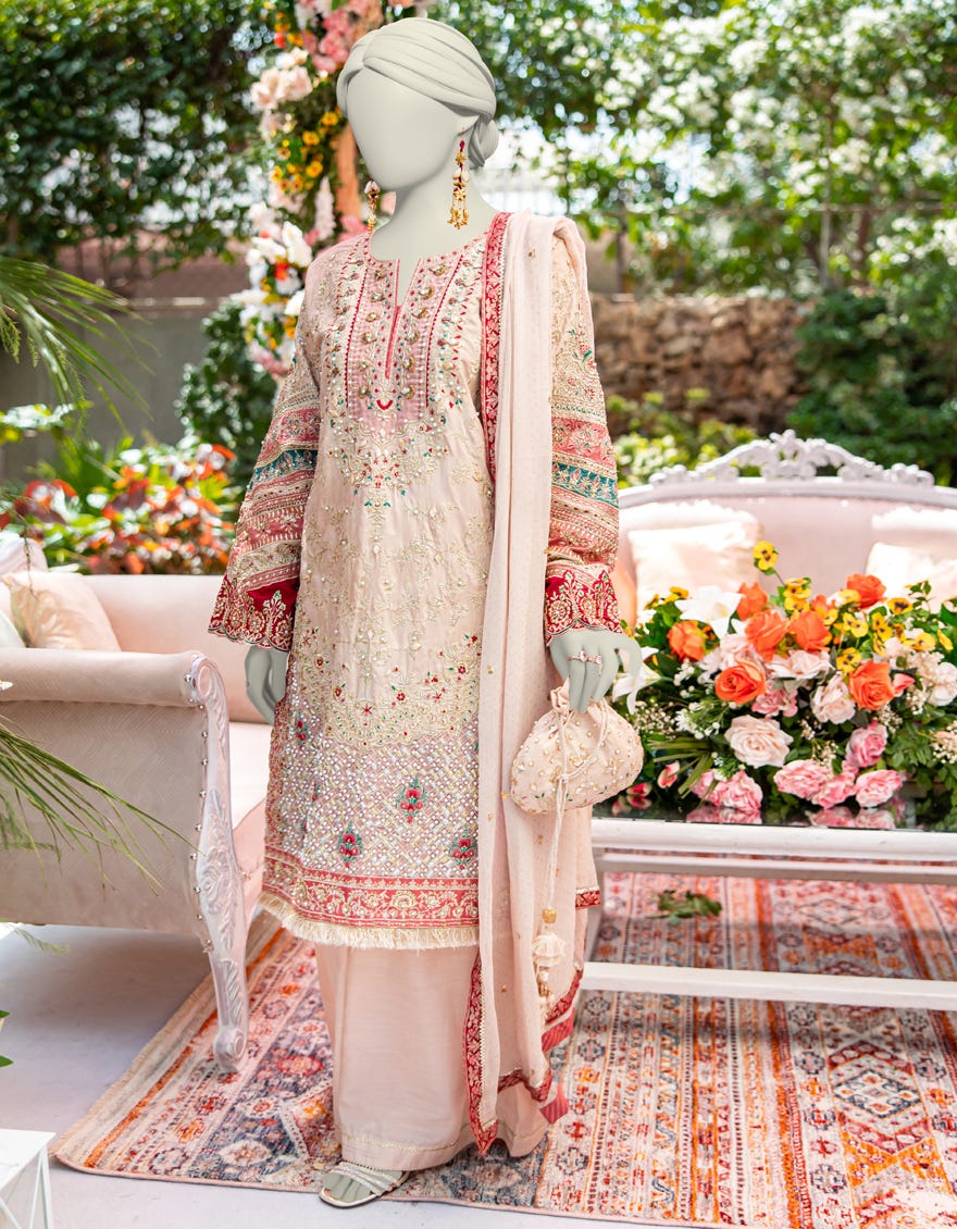 BEIGE RAW SILK EMBROIDERED 3PC STITCHED