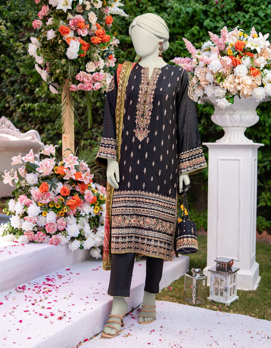 BLACK RAW SILK EMBROIDERED 3PC STITCHED