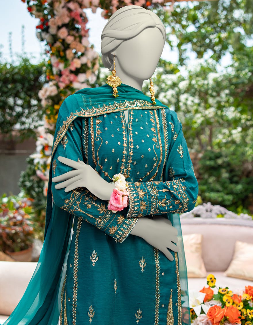 GREEN RAW SILK EMBROIDERED 3PC STITCHED