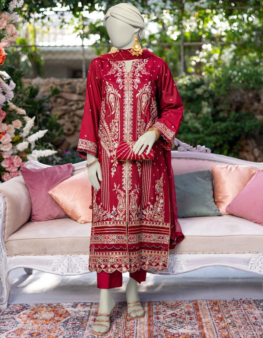 MAROON RAW SILK EMBROIDERED 3PC STITCHED