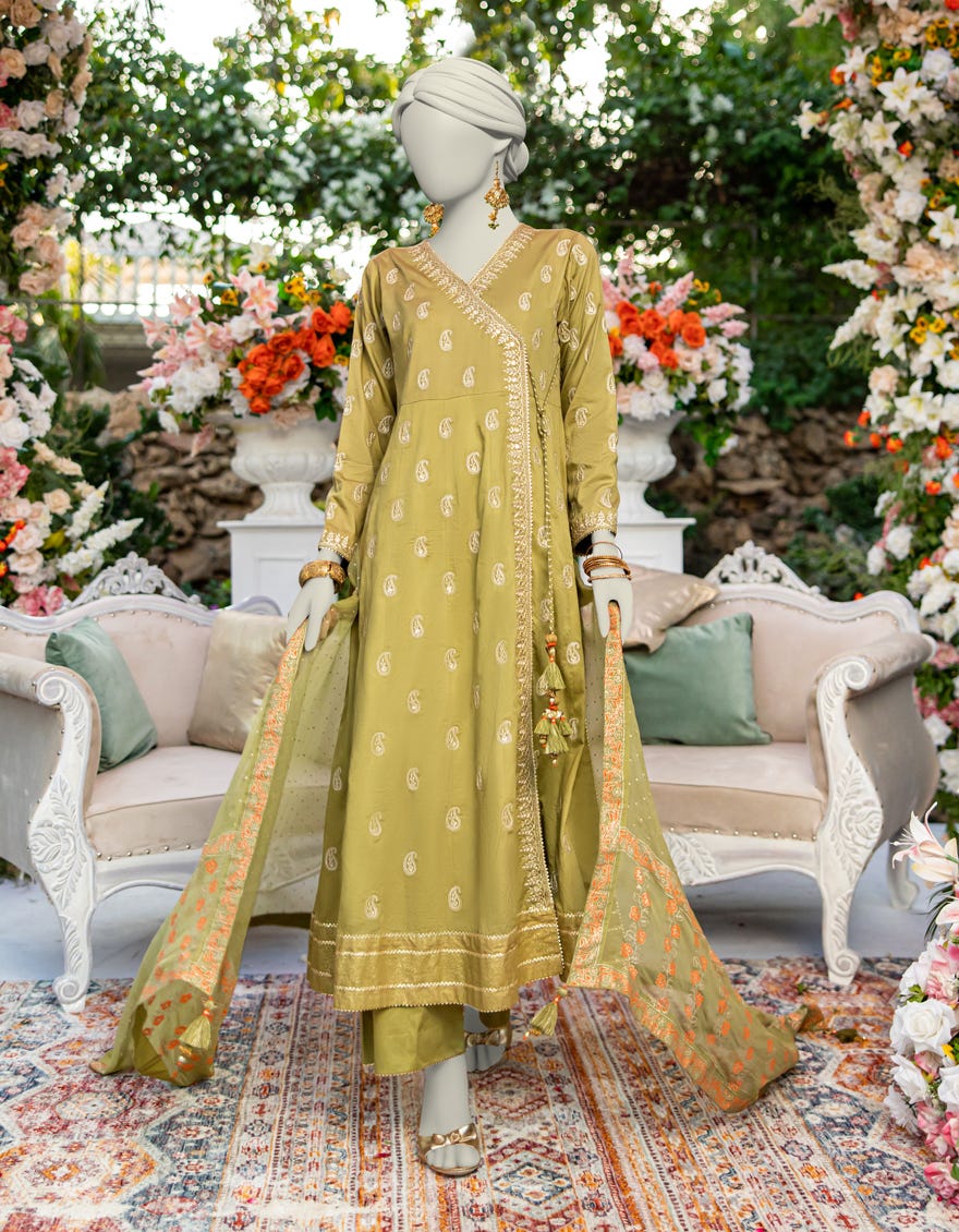 GREEN RAW SILK EMBROIDERED 3PC STITCHED