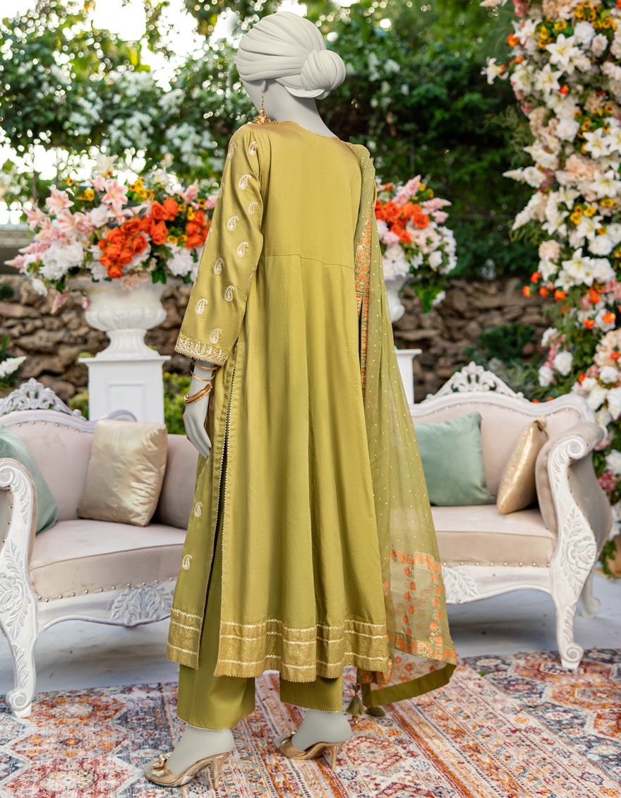 GREEN RAW SILK EMBROIDERED 3PC STITCHED