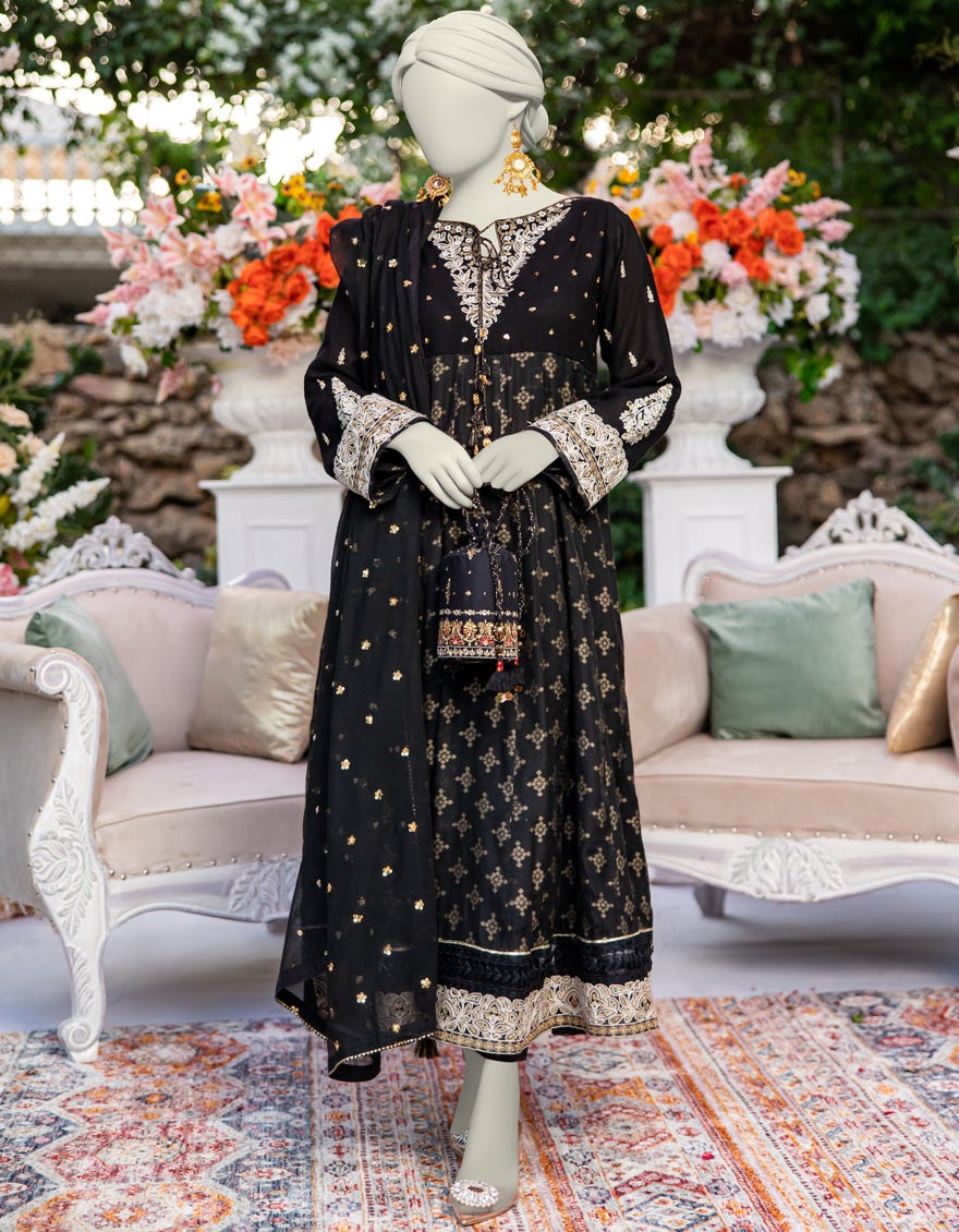 BLACK JACQUARD EMBROIDERED 3PC STITCHED