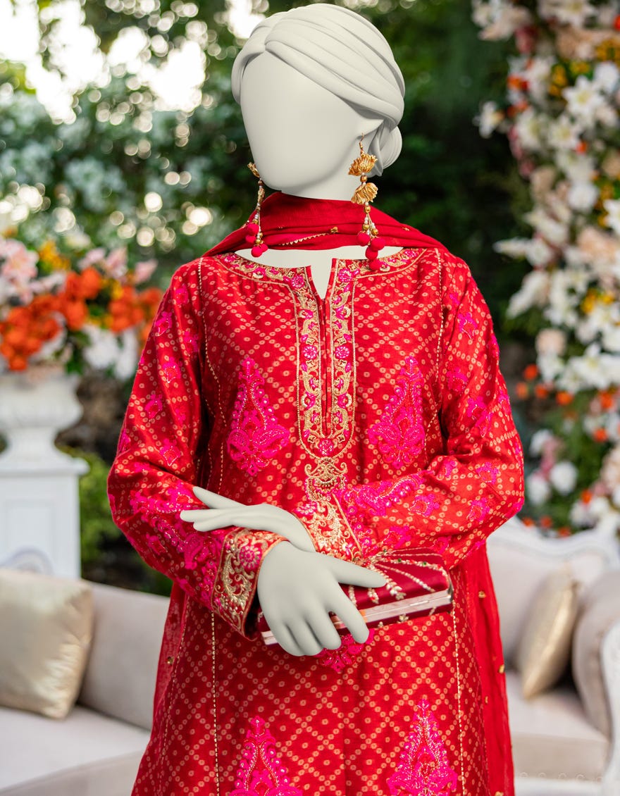 RED JACQUARD EMBROIDERED 3PC STITCHED