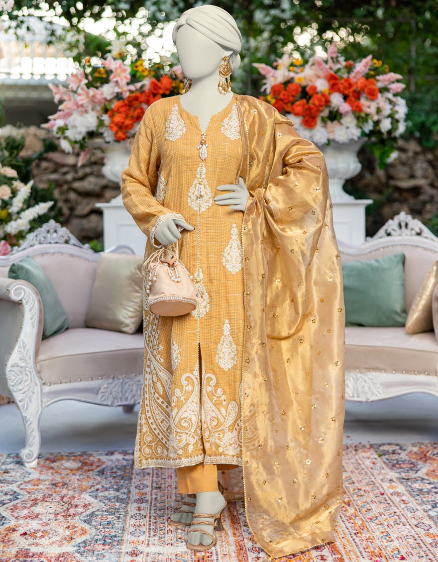 GOLD KHADDI EMBROIDERED 3PC STITCHED