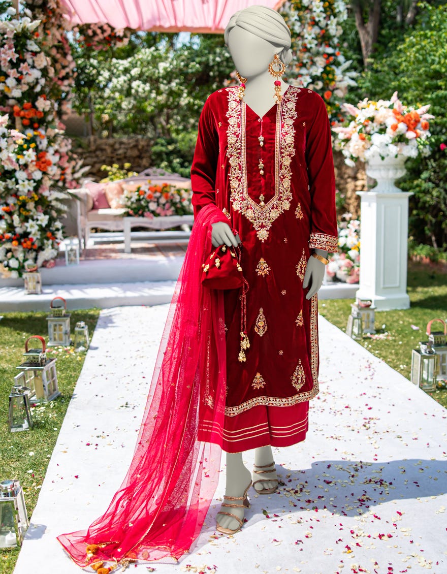 MAROON VELVET EMBROIDERED 3PC STITCHED