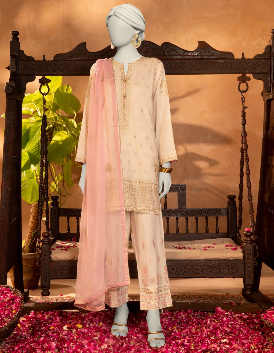 OFF WHITE RAW SILK EMBROIDERED 3PC STITCHED