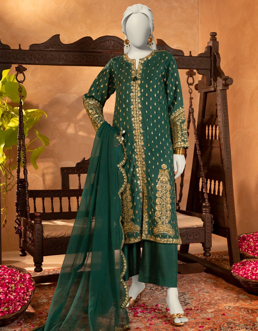 GREEN RAW SILK EMBROIDERED 3PC STITCHED
