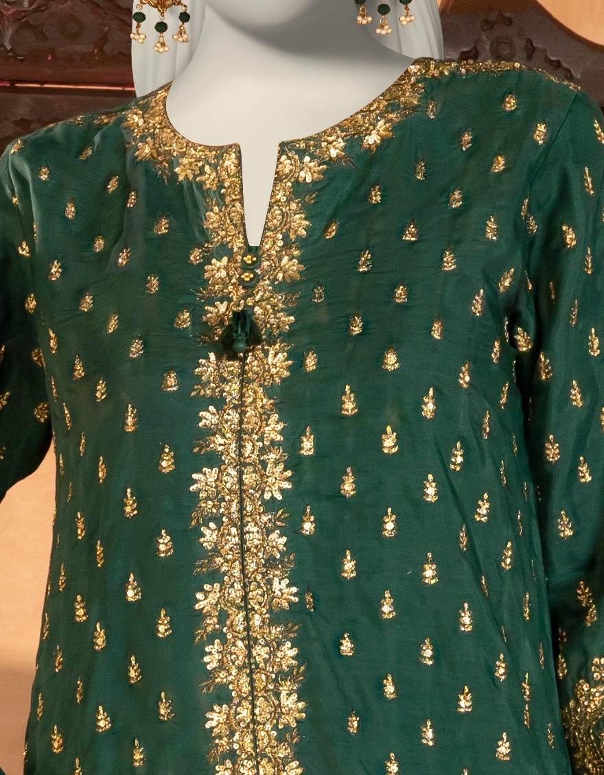 GREEN RAW SILK EMBROIDERED 3PC STITCHED