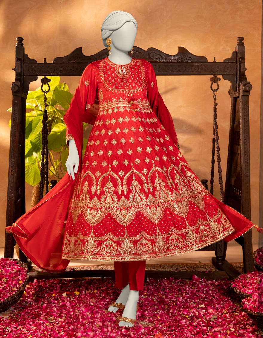 RED RAW SILK EMBROIDERED 3PC STITCHED