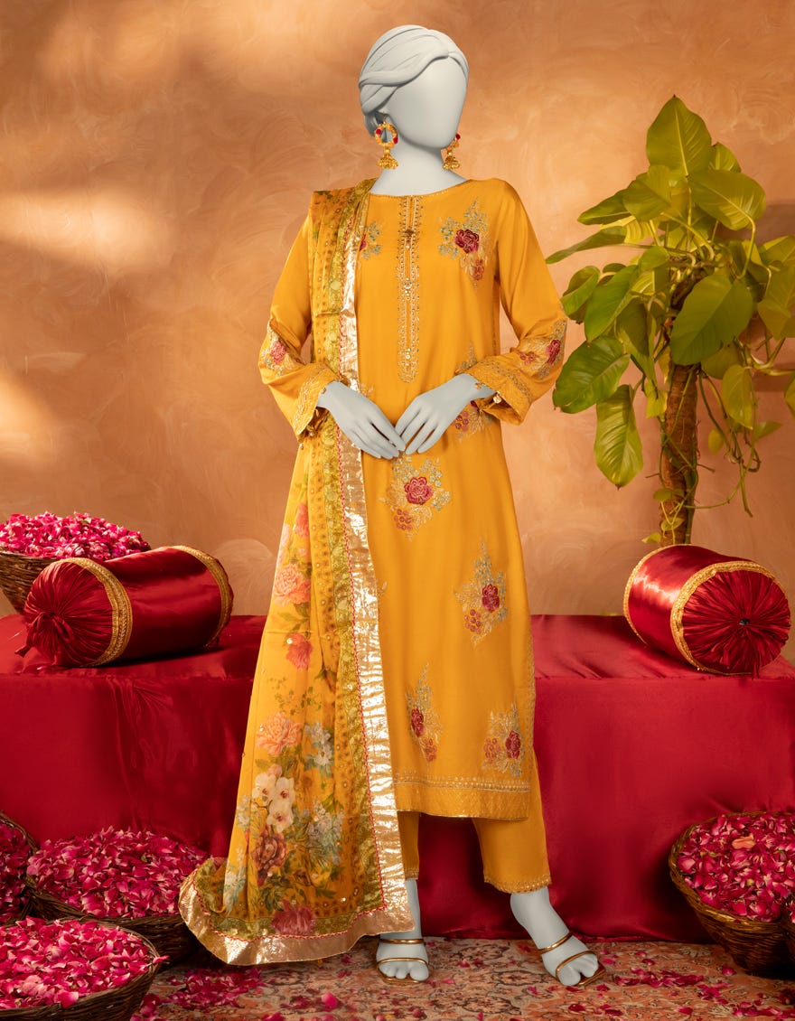 MUSTARD COTTON SILK EMBROIDERED 3PC STITCHED