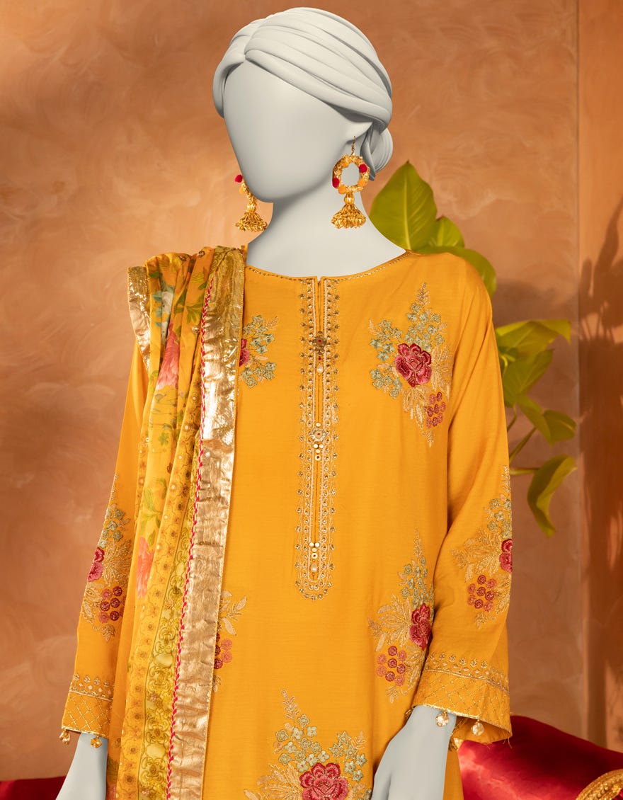 MUSTARD COTTON SILK EMBROIDERED 3PC STITCHED