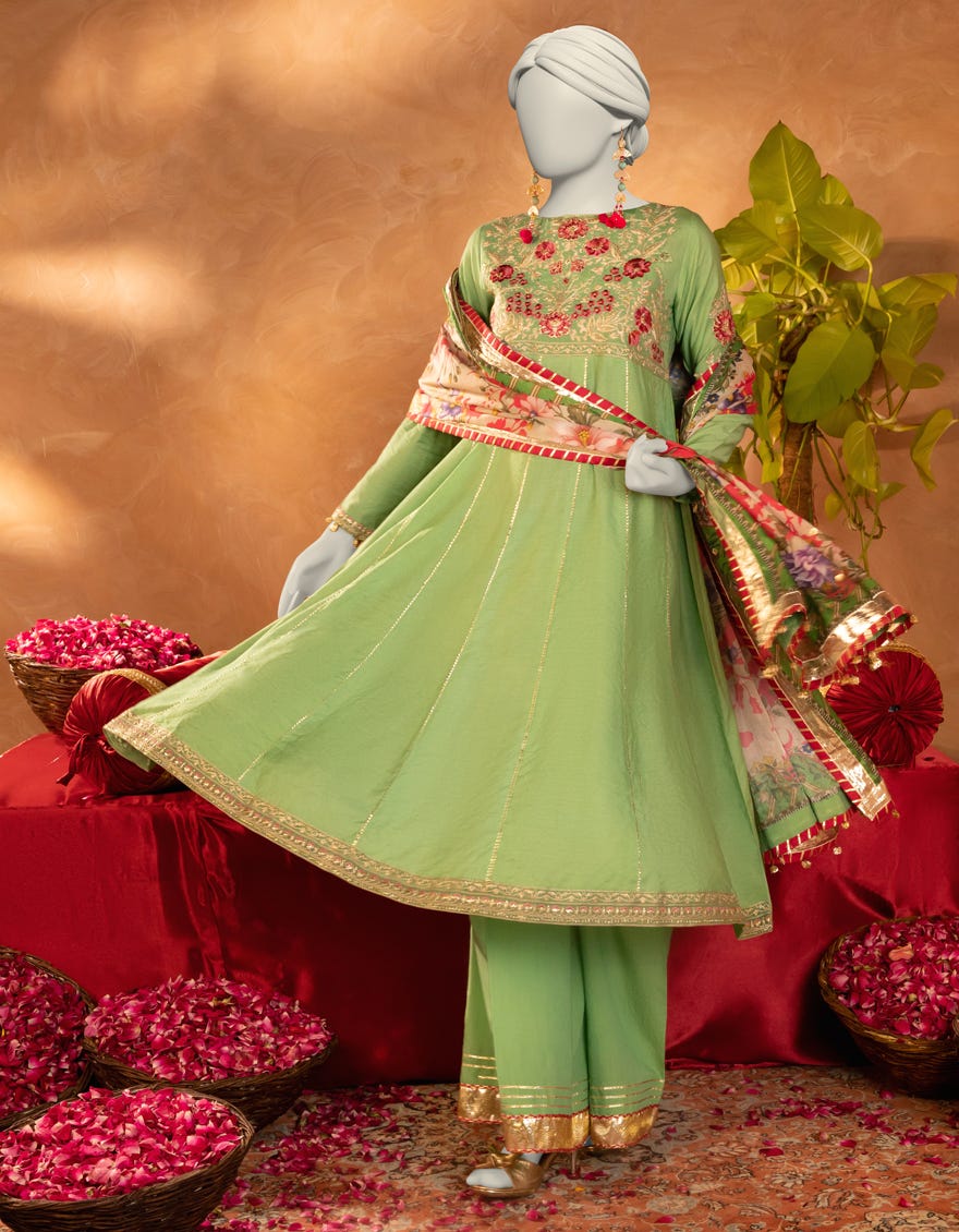 GREEN COTTON SILK EMBROIDERED 3PC STITCHED