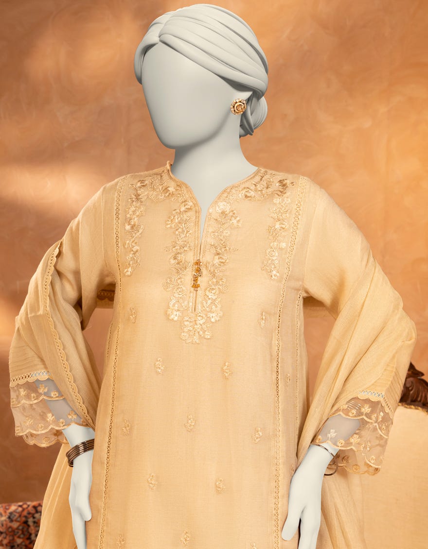 BEIGE COTTON NET EMBROIDERED 3PC STITCHED