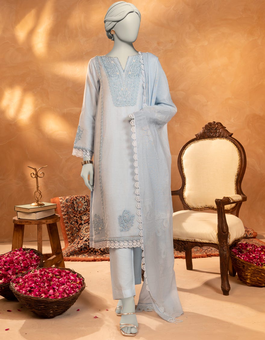 BLUE COTTON NET EMBROIDERED 3PC STITCHED
