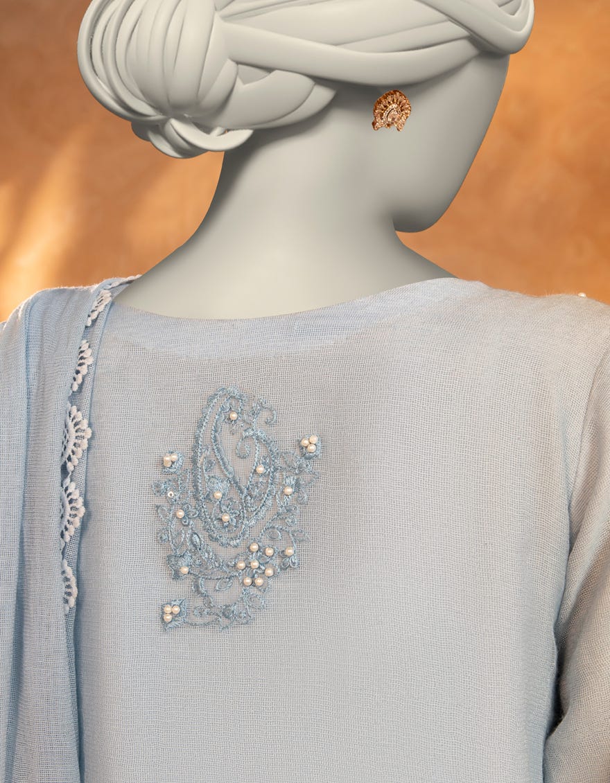 BLUE COTTON NET EMBROIDERED 3PC STITCHED