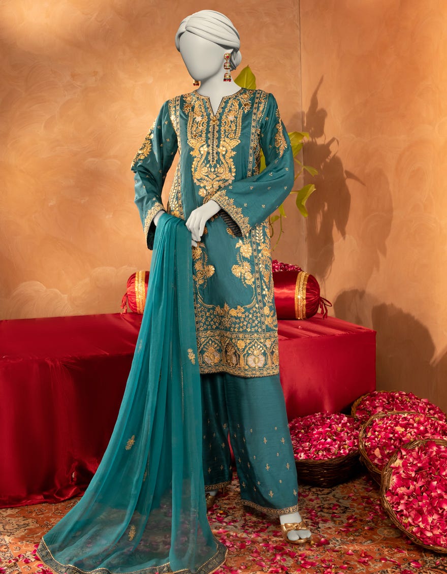 GREEN RAW SILK EMBROIDERED 3PC STITCHED