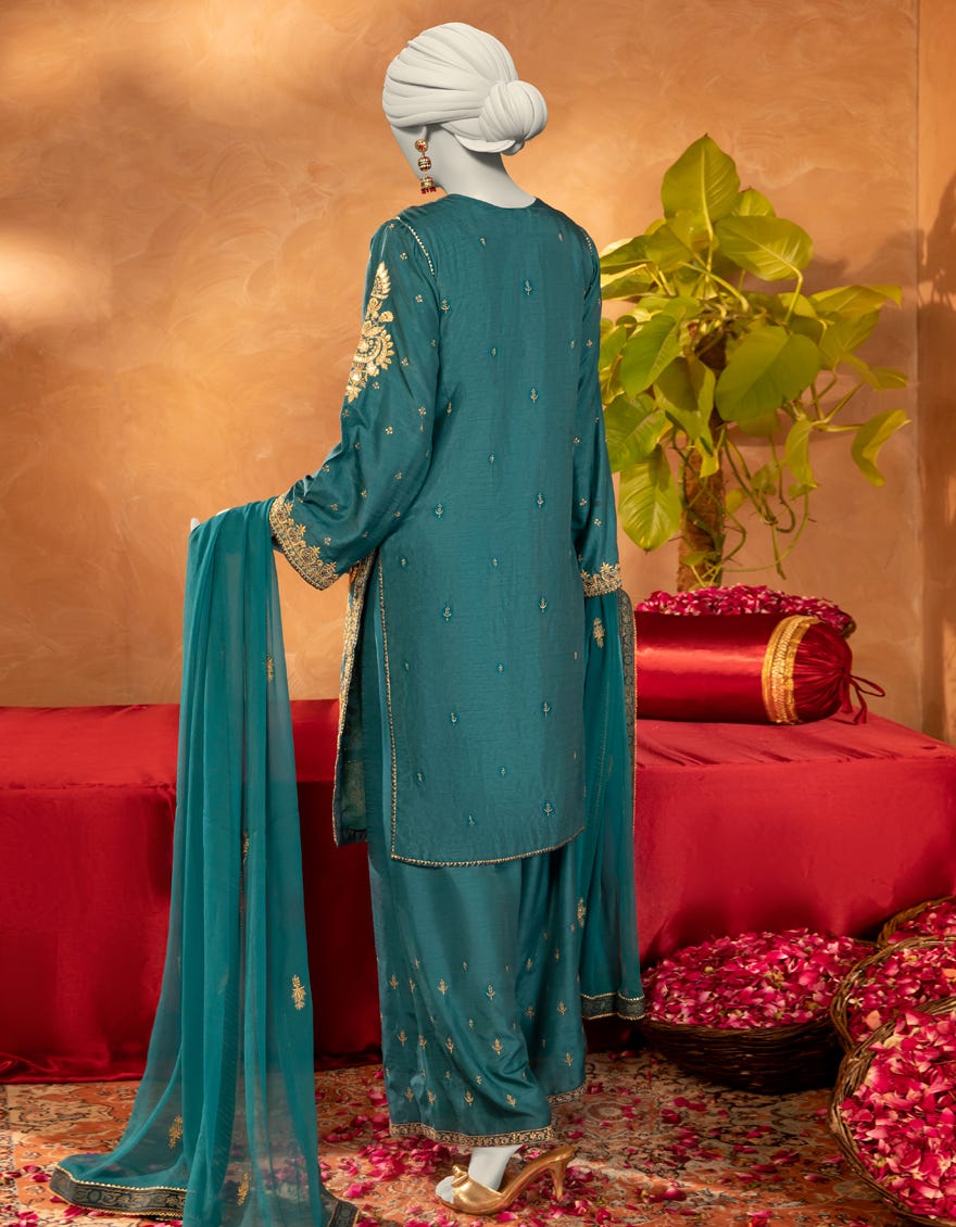 GREEN RAW SILK EMBROIDERED 3PC STITCHED