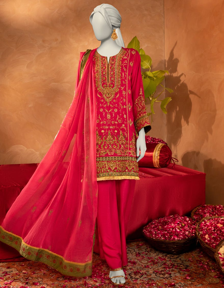 PINK RAW SILK EMBROIDERED 3PC STITCHED