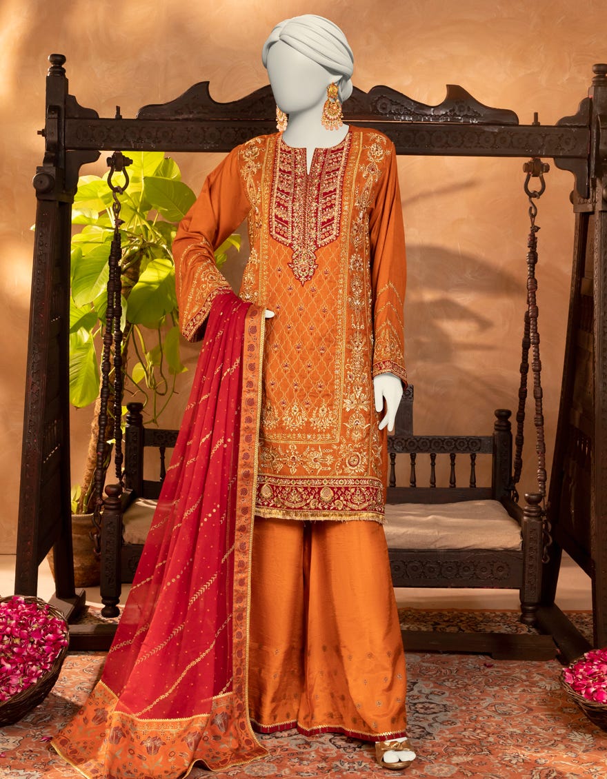 RUST RAW SILK EMBROIDERED 3PC STITCHED