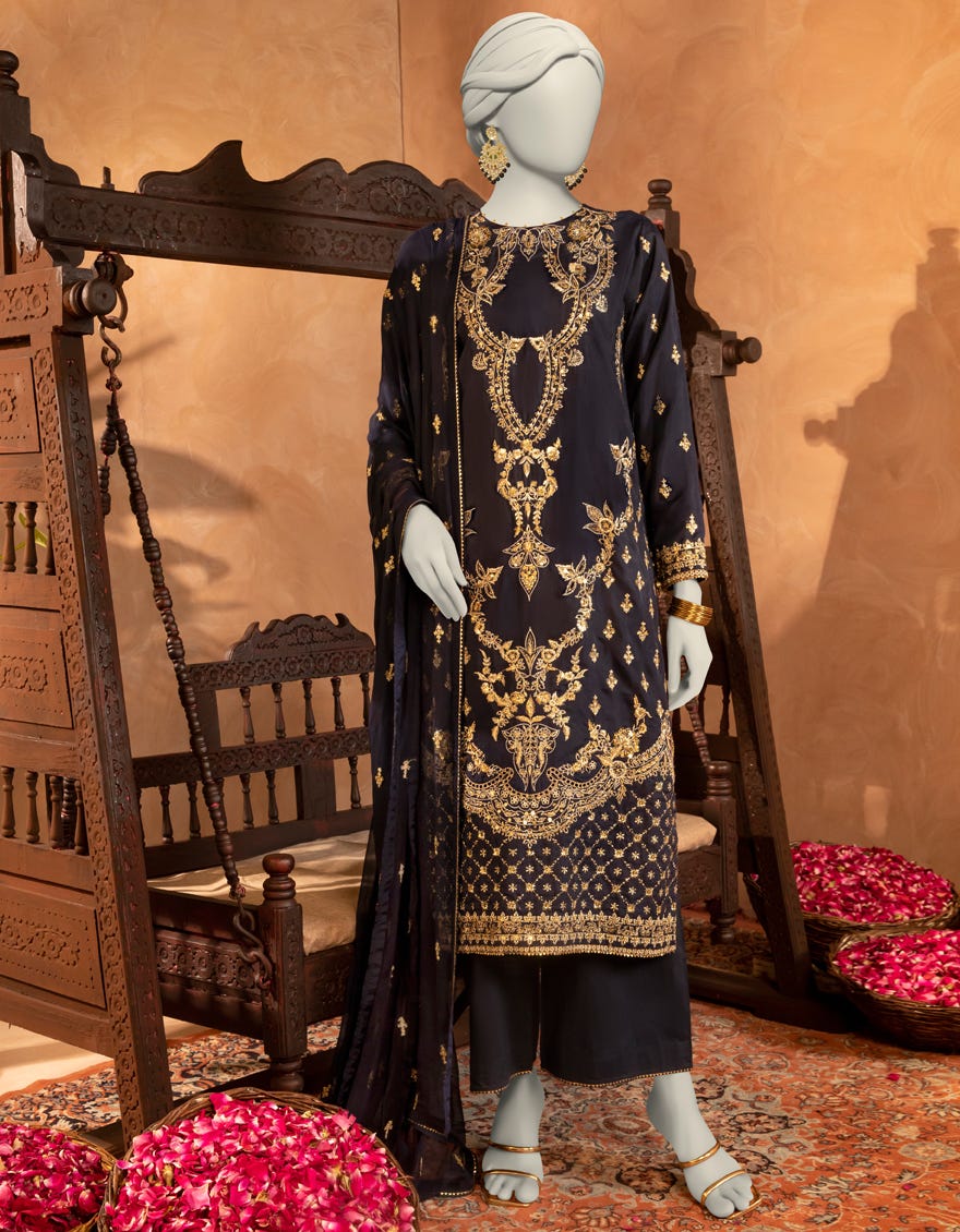 NAVY BLUE RAW SILK EMBROIDERED 3PC STITCHED