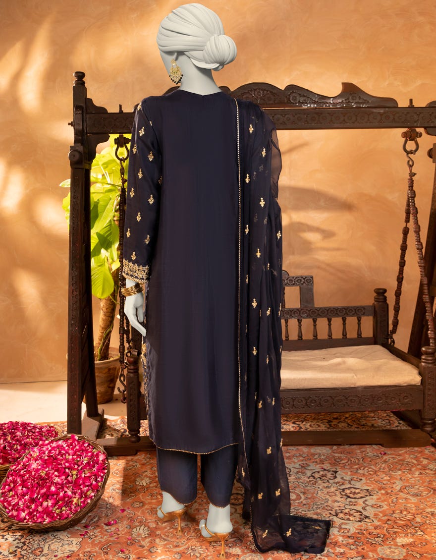 NAVY BLUE RAW SILK EMBROIDERED 3PC STITCHED