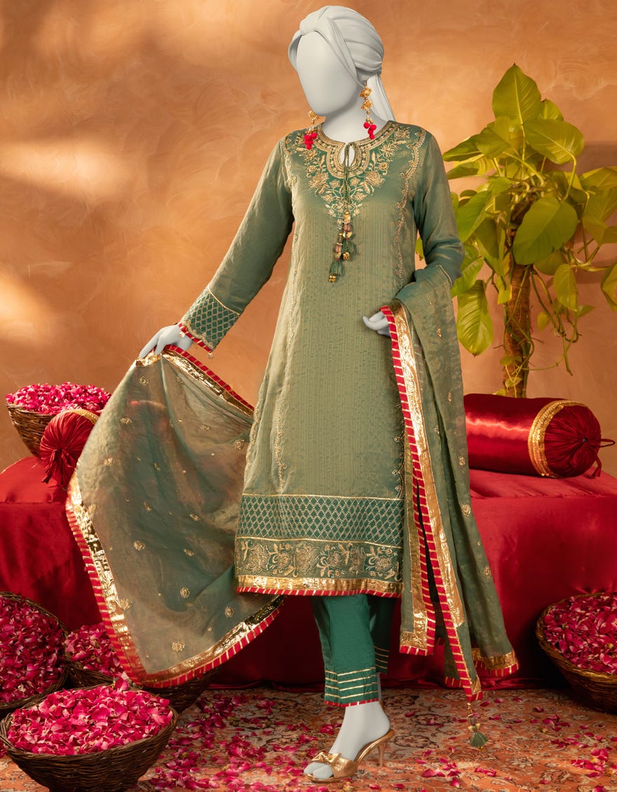 GREEN COTTON EMBROIDERED 3PC STITCHED
