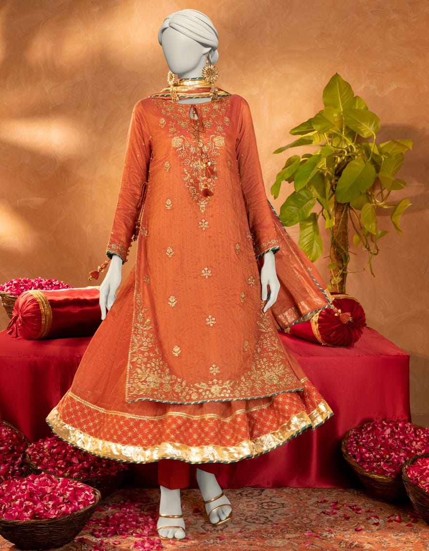 RUST COTTON NET EMBROIDERED 3PC STITCHED