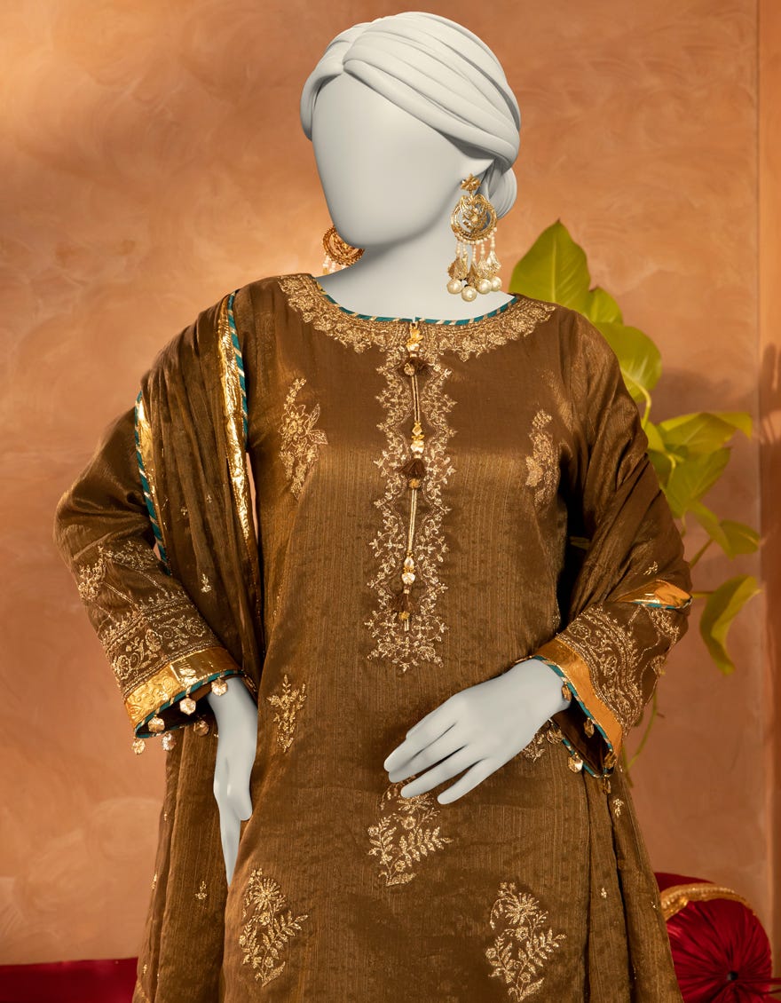 BROWN COTTON NET EMBROIDERED 3PC STITCHED