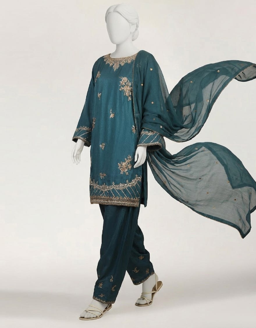 BLUE RAW SILK EMBROIDERED STITCHED 3PC