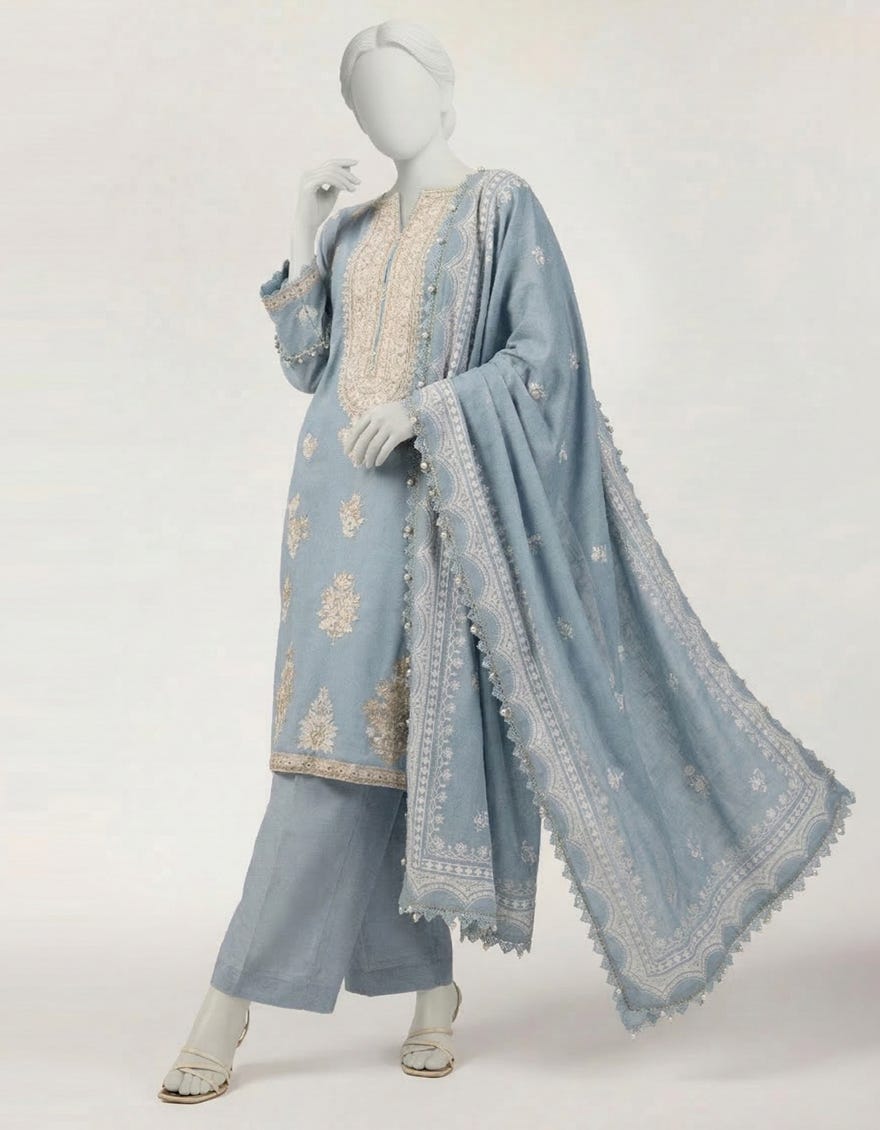 BLUE COTTON NET EMBROIDERED STITCHED 3PC