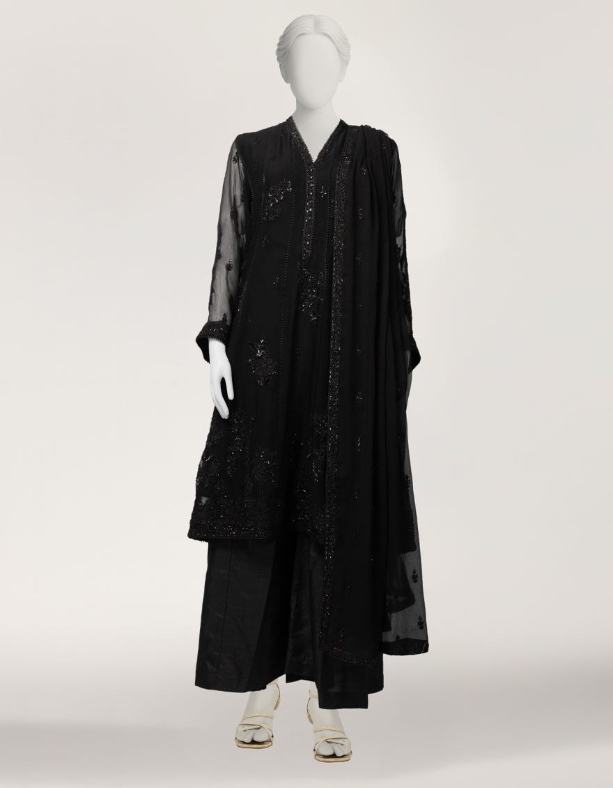 BLACK IMPURE CHIFFON EMBROIDERED STITCHED 3PC