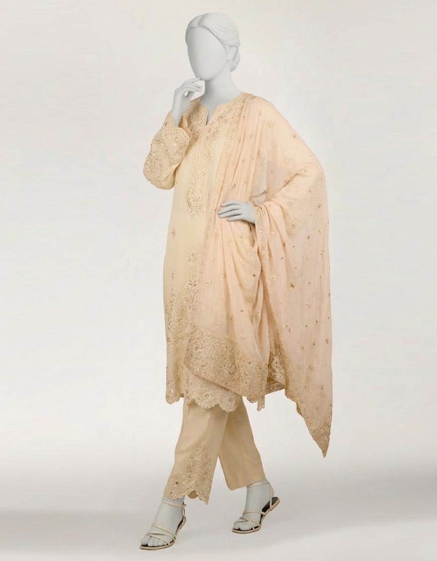 WHITE RAW SILK EMBROIDERED STITCHED 3PC