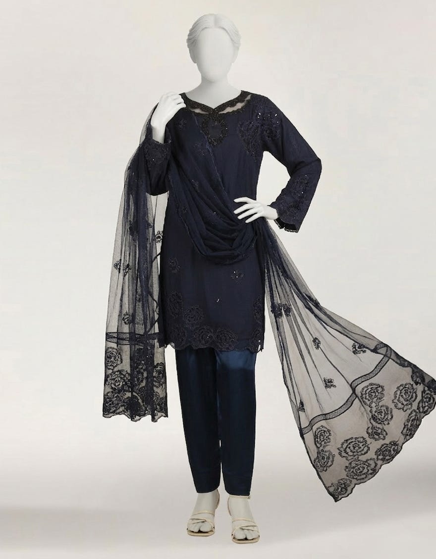 BLUE POLYNET EMBROIDERED STITCHED 3PC