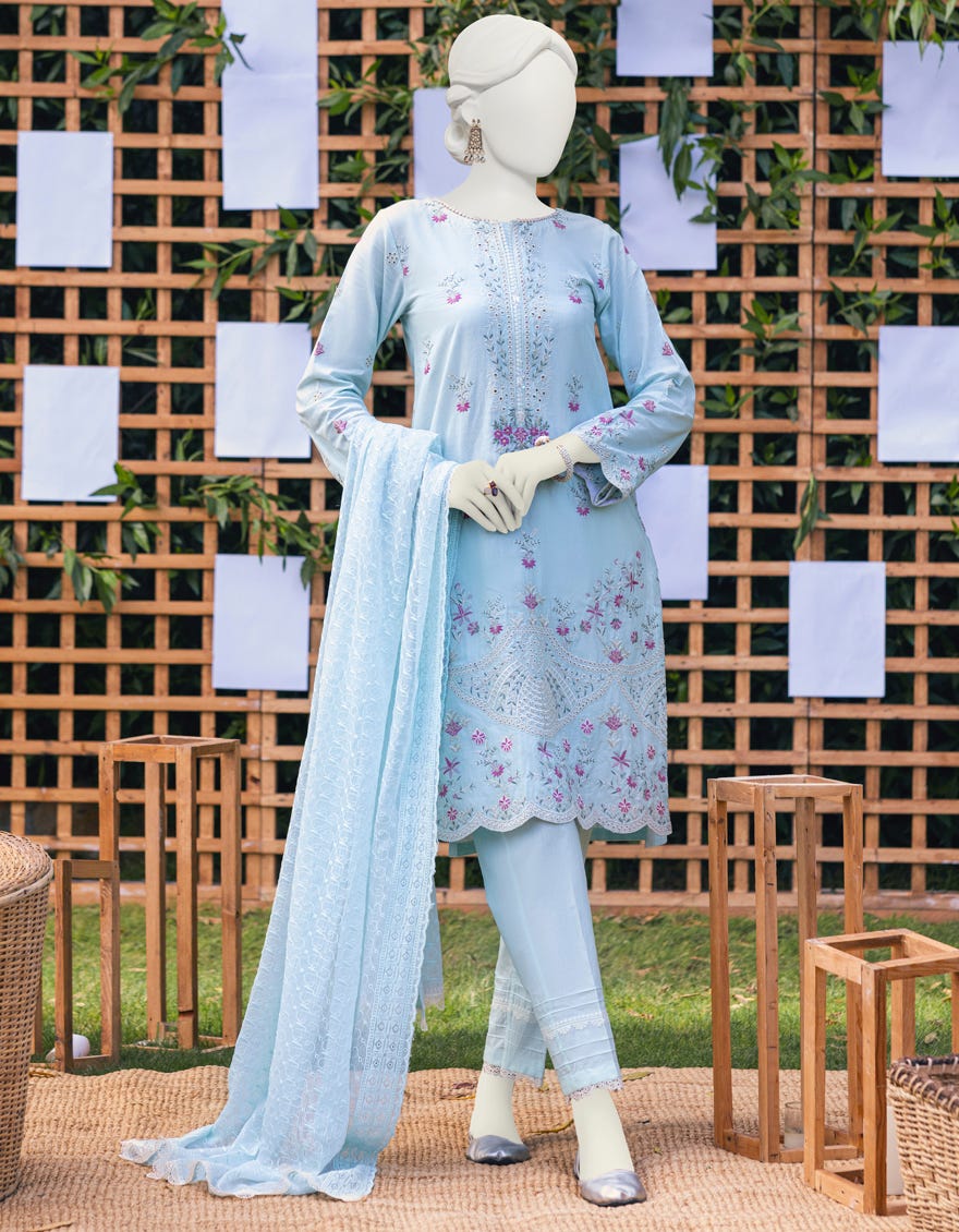 Aqua Blue Cambric Unstitched 3 Piece | Jjls-S-Jpus-23-610