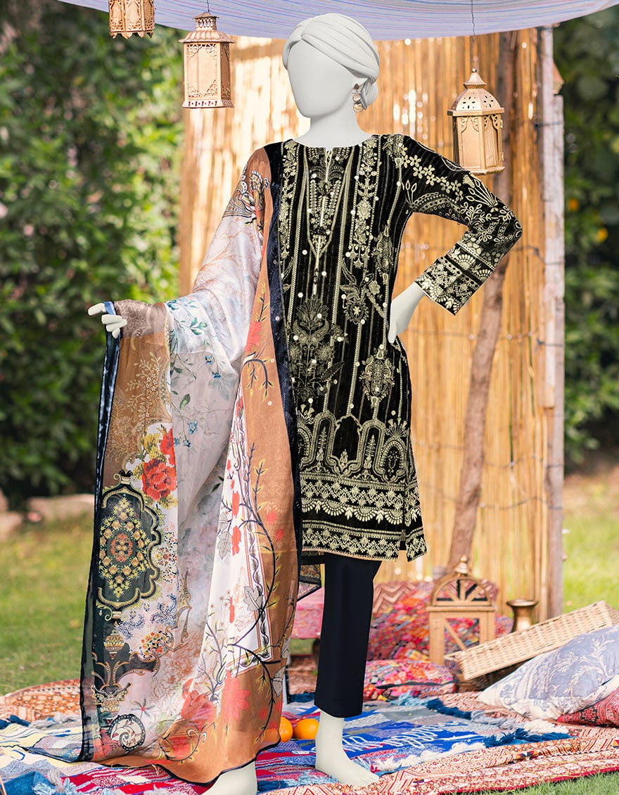 Black Dobby 3 Piece Stitched Dress | Jjpw-S-Jpws-23-600