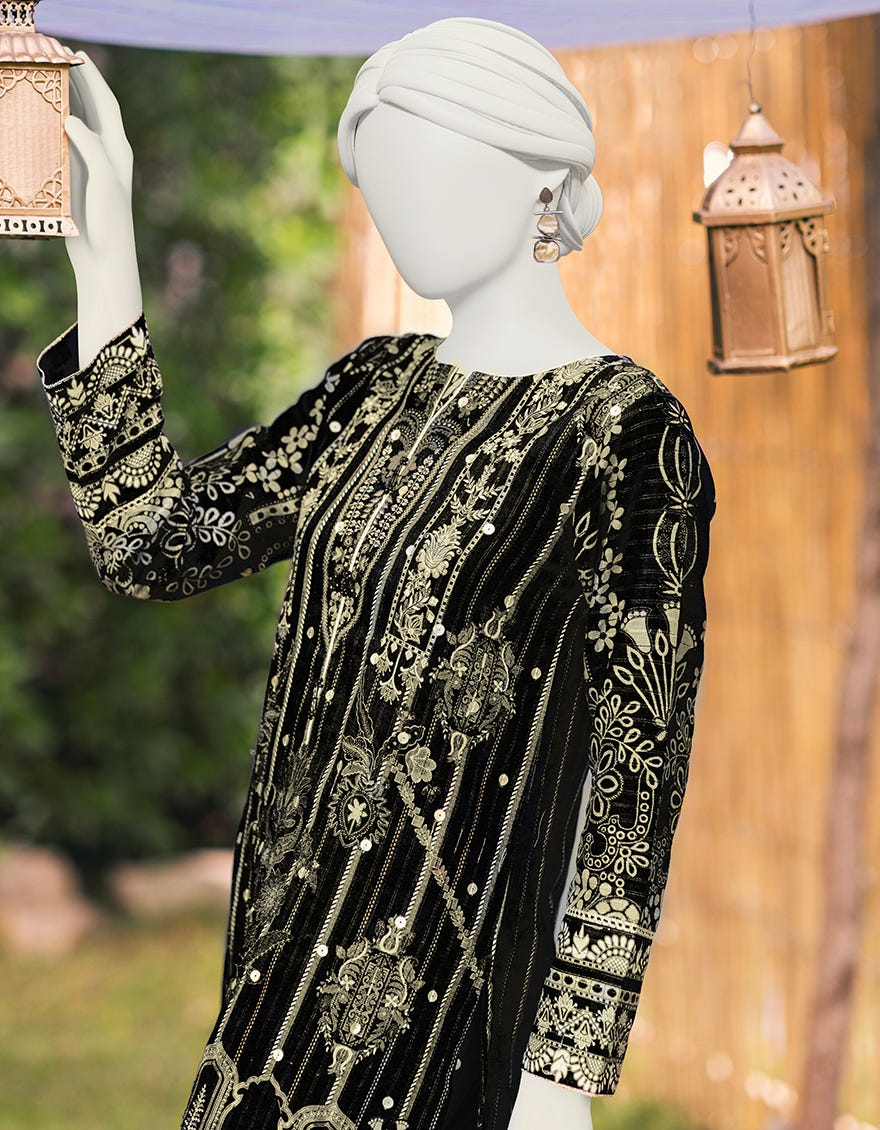 Black Dobby 3 Piece Stitched Dress | Jjpw-S-Jpws-23-600